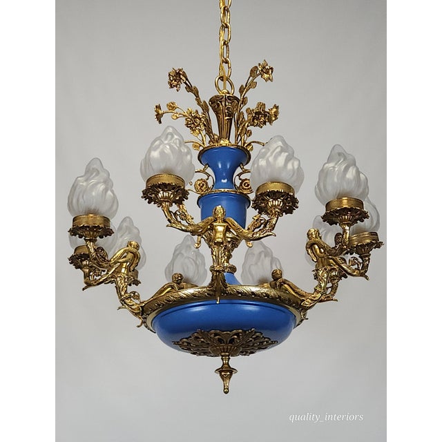 Antique Regency Regal Royal Blue Empire Cherubs Holding Torches Brass Chandelier For Sale - Image 9 of 12