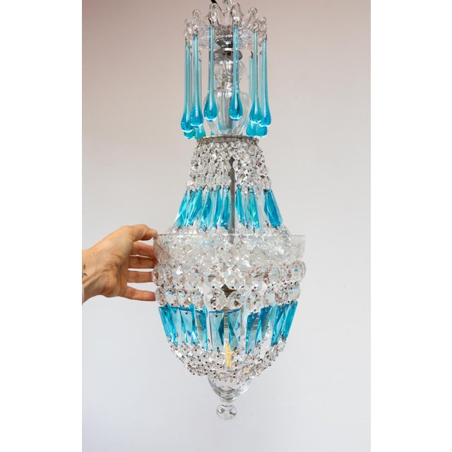 Glass French Ceiling Light with Blue Crystals, 1960s For Sale - Image 7 of 8