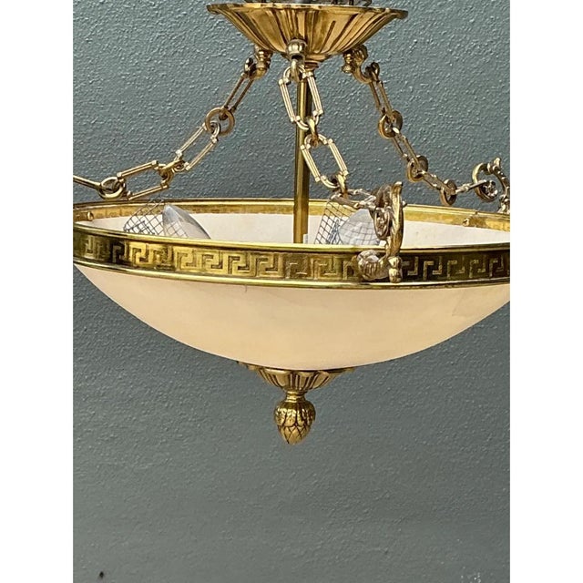 Vintage Metal and Glass Greek Key Pendant Light For Sale - Image 9 of 12
