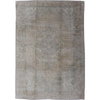 Light Color Oushak Vintage Rug With Pastel Colors in Tan, Green, Butter Yellow and Taupe For Sale