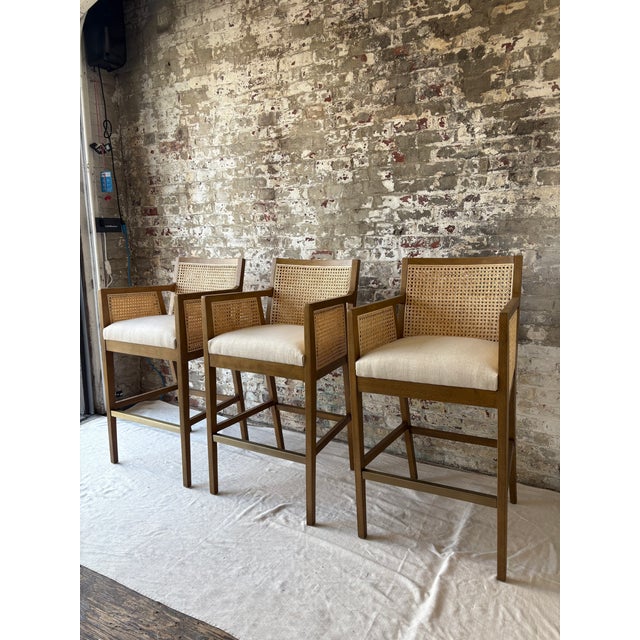 Farmhouse Wood and Cane Bar Stools (Set of 3) For Sale - Image 3 of 13