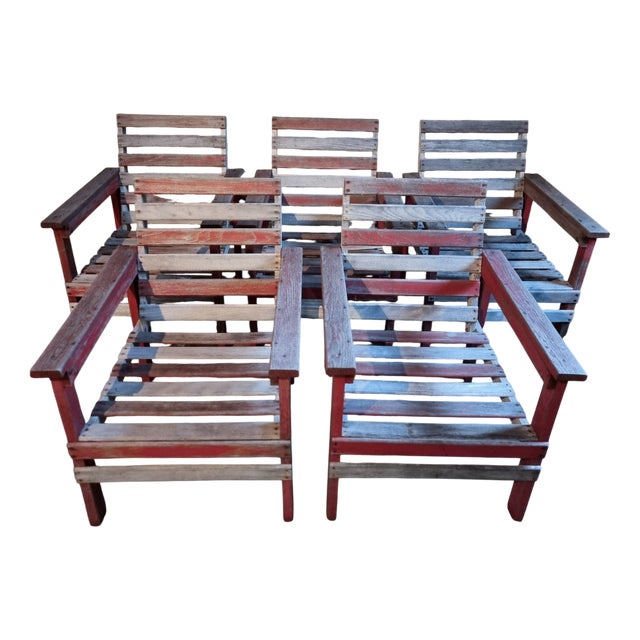 French Lounge Chairs in Beech and Chestnut, 1930s, Set of 5 For Sale