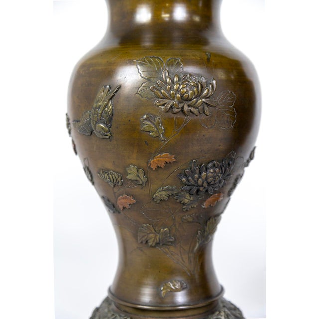Late 19th Century Late 19th Century Meiji Japanese Cast Bronze Relief Chrysanthemum & Birds Lamps - a Pair For Sale - Image 5 of 13