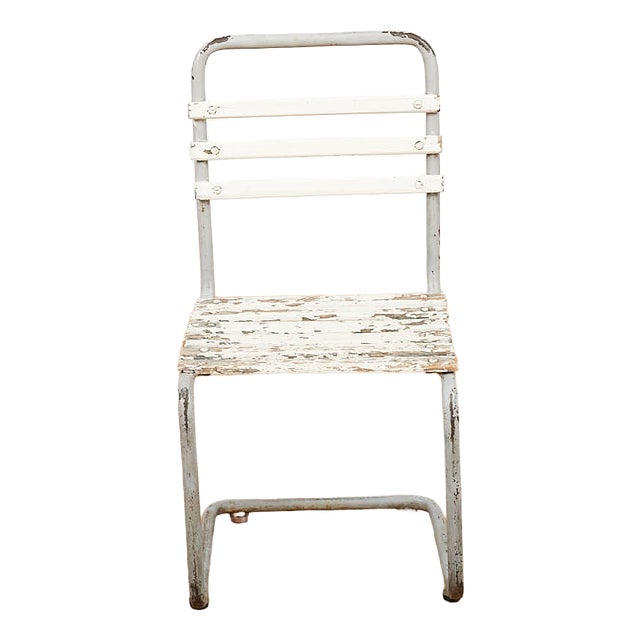 Children's Chair with Galvanized Tubular Steel Frame and White-Painted Wooden Slats, 1930s For Sale