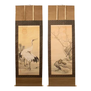 Meiji Era C. 1900s Silk Scroll Paintings by Sekkou Matsudaira, With Wooden Case, Pair
