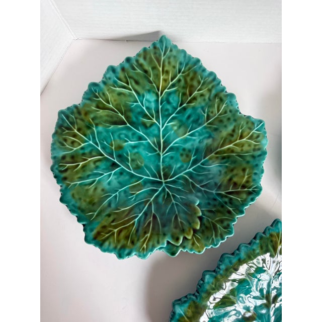 Vintage Portuguese Majolica Leaf Plates – Set of 6 Turquoise & Green Glazed For Sale - Image 12 of 12