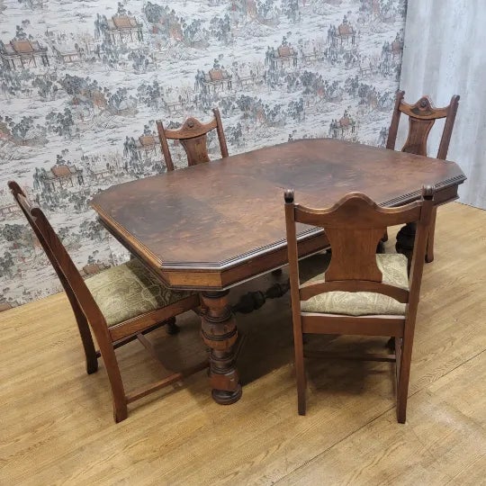 Vintage American Traditional Tudor Revival Hardwood Dining Table with Four Upholstered Chairs Vintage American hardwood...