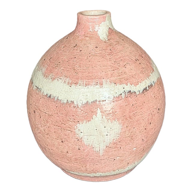 Terracotta Rounded Decorative Pink & Ivory Vessel For Sale