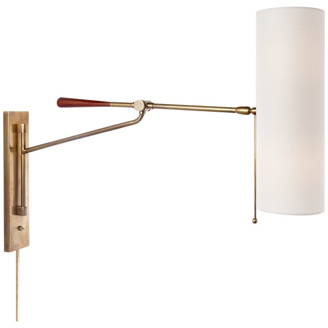 AERIN for Visual Comfort Signature Frankfort Articulating Wall Light in Hand-Rubbed Antique Brass & Mahogany Accents with Linen Shade For Sale