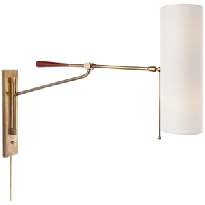 AERIN for Visual Comfort Signature Frankfort Articulating Wall Light in Hand-Rubbed Antique Brass & Mahogany Accents with Linen Shade