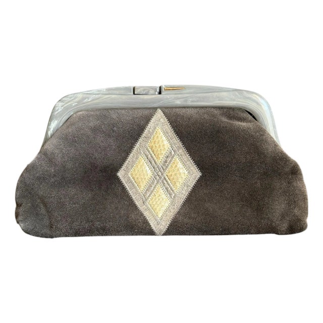 Vintage Italian Suede Clutch Purse Snakeskin Patchwork Leather Bag Gray Bakelite Style Closure Reghi Italy For Sale