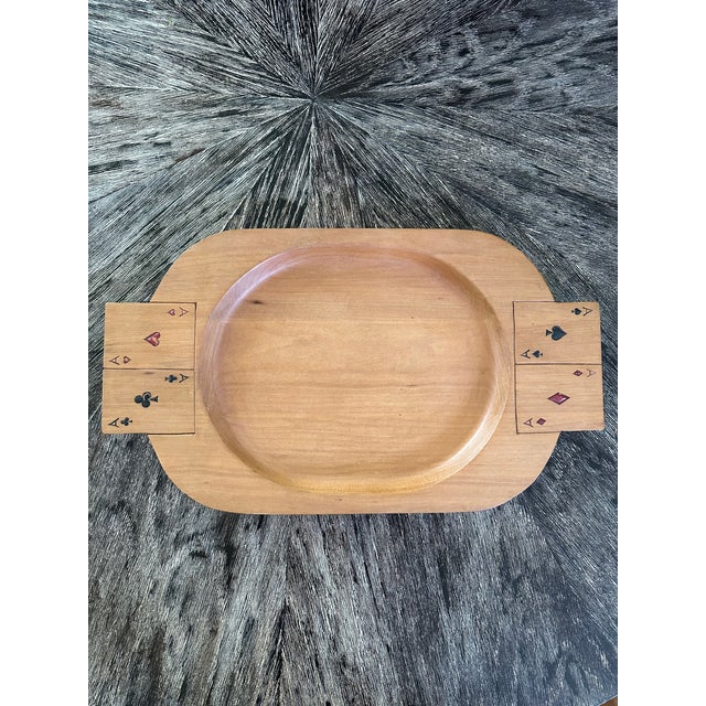 Fabulous Handcarved Mid-Century Oval Wooden Tray Featuring Playing Card Handles. The Ace of Spades, Clubs, Diamonds and...