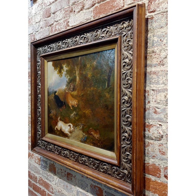 Textile Four Terriers Chasing a Rabbit in the Wild -19th Century Oil Painting For Sale - Image 7 of 9