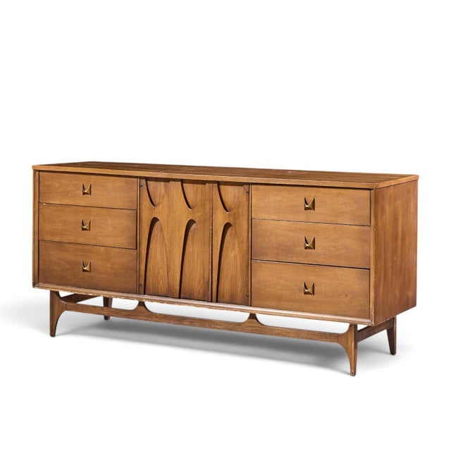 Mid-Century Modern Broyhill Brasilia Mid Century Walnut and Brass Lowboy 9 Drawer Dresser For Sale - Image 3 of 10