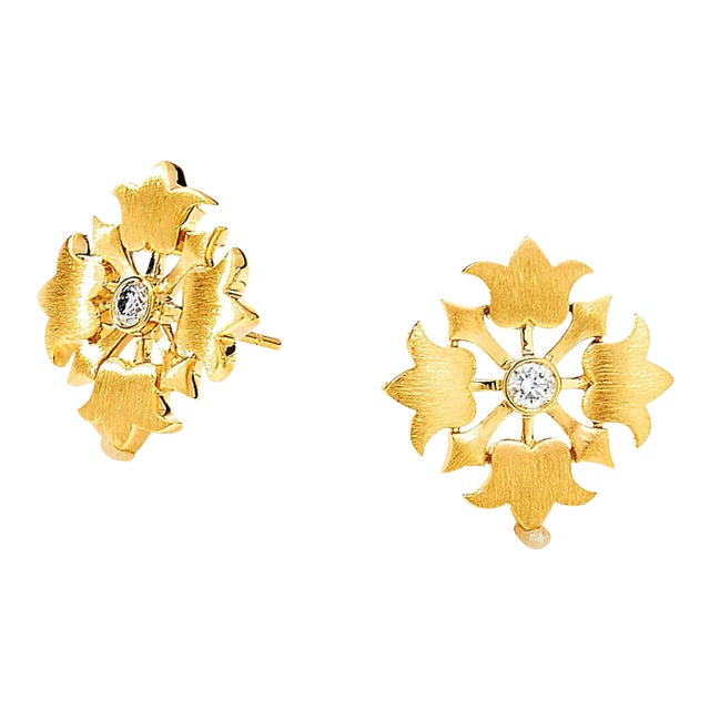 Syna Yellow Gold Flower Earrings with Diamonds, a Pair For Sale