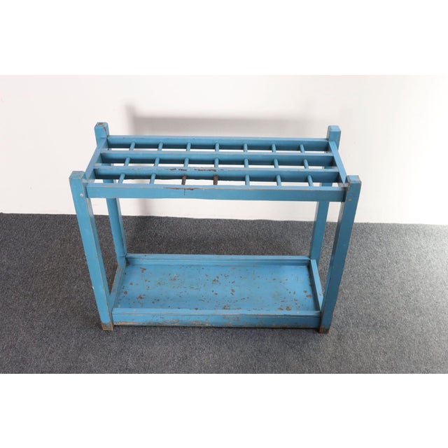 Primitive American Robin's Egg Blue Painted Wood Umbrella or Cane Stand For Sale - Image 4 of 17