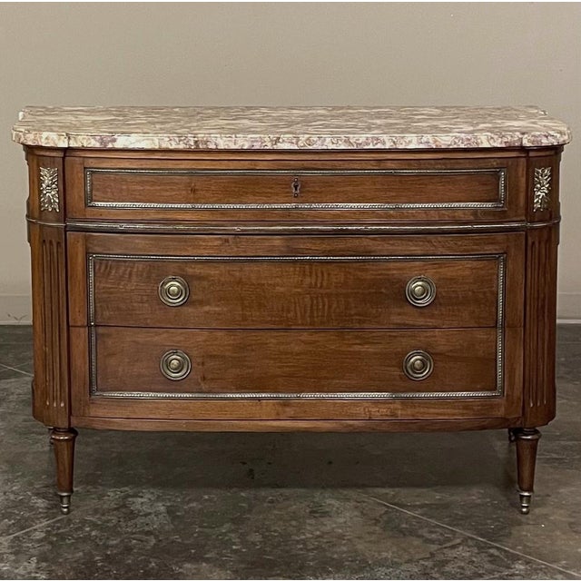 Wood Antique French Louis XVI Marble Top Walnut Commode For Sale - Image 7 of 17