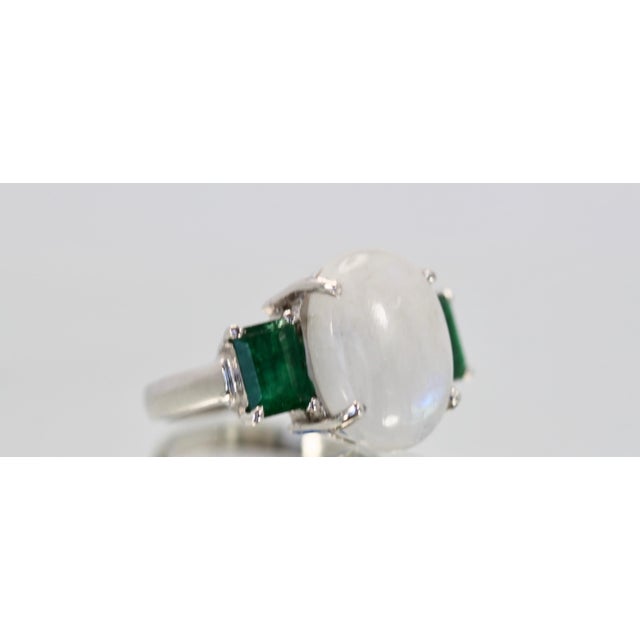 2010s Moonstone 3 Stone Ring With Emeralds Size 6.5 For Sale - Image 5 of 9