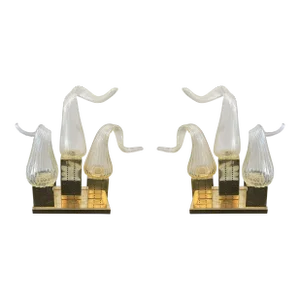 Contemporary Brass Murano Glass Flame Lamps, Italy - a Pair
