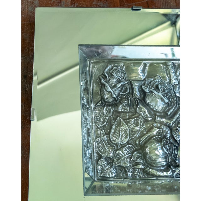 Mid-Century Modern Mid-Century Mirror Shadowbox Frame With Repousse Silver Floral Art For Sale - Image 3 of 13