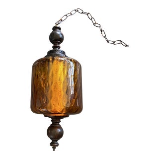 1960's Amber Glass Swag Hanging Lamp For Sale