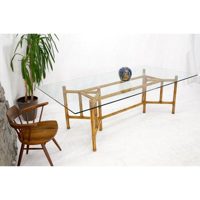 Mid 20th Century Large Bamboo & Leather Frame 3/4" Thick Glass Top Dining Conference Table For Sale - Image 15 of 18