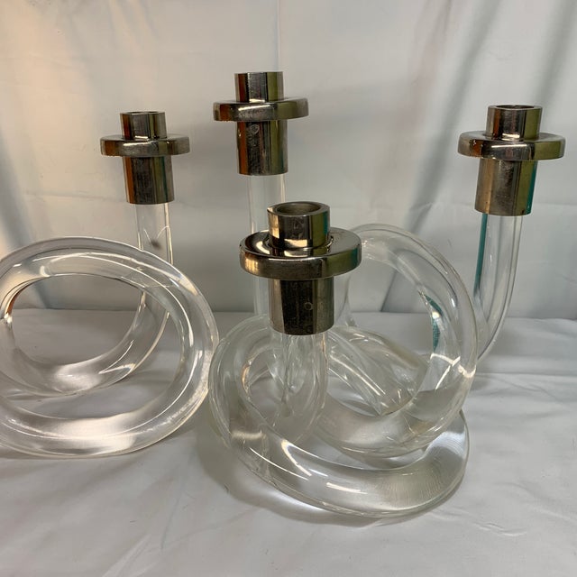 Mid-Century Modern 1950s Dorothy Thorpe Lucite Pretzel Twist Lucite Candlestick Holders - Pair, Double and Triple For Sale - Image 3 of 8