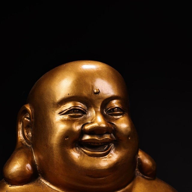 Beautiful handcrafted solid copper Maitreya, also known as Laughing Buddha, with hand-painted robes and gilded gilt...
