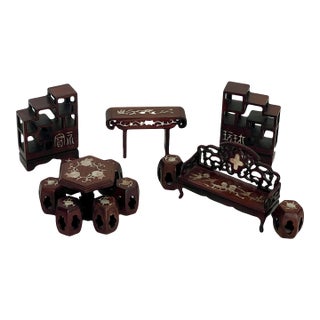 Collection of Chinese Hand Carved Rosewood Dolls House Furniture Inlaid With Mother of Pearl, 13 Pieces (Seating, Dining & Display) For Sale