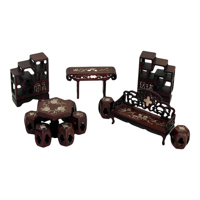 Collection of Chinese Hand Carved Rosewood Dolls House Furniture Inlaid With Mother of Pearl, 13 Pieces (Seating, Dining & Display) For Sale
