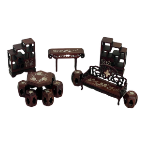 Collection of Miniature Chinese Hand Carved Rosewood Dolls House Furniture Inlaid With Mother of Pearl, 13 Pieces (Seating, Dining & Display)
