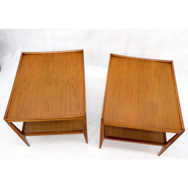 Pair of Walnut Mid-Century Modern Two-Tier Cane Shelf End Side Tables Stands For Sale - Image 9 of 13