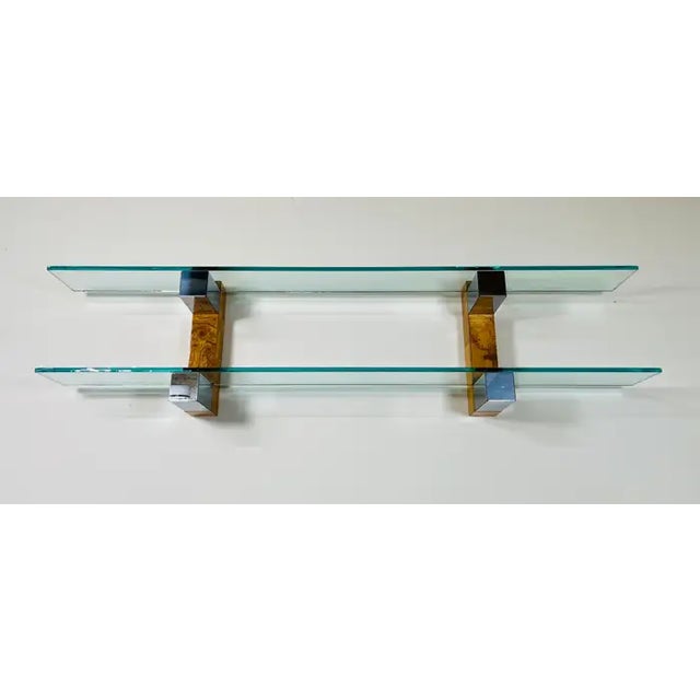 2-Tier Burlwood and Chromed plate steel cityscape double wall hanging shelf designed by Paul Evans for Directional circa...