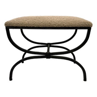 Modern Latte Faux Shearling and Iron Hacienda Bench For Sale