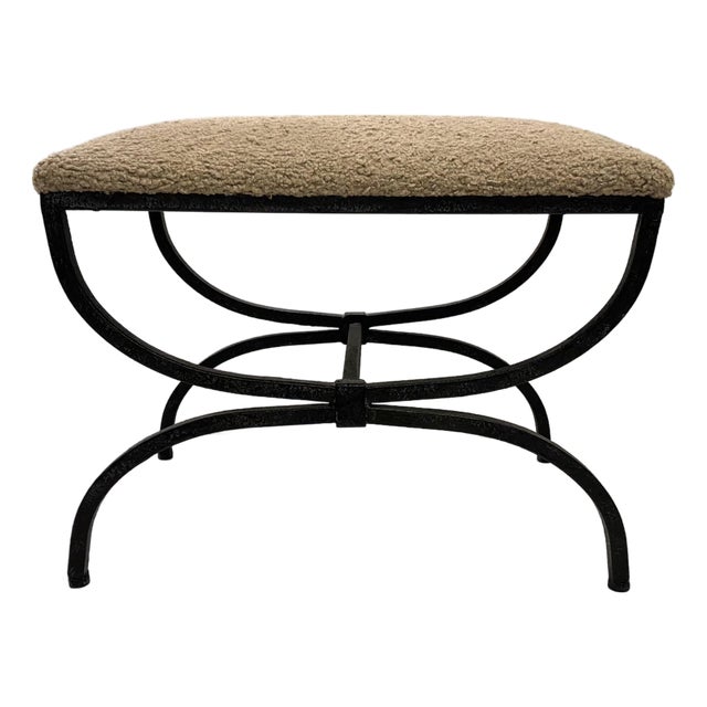 Modern Latte Faux Shearling and Iron Hacienda Bench For Sale
