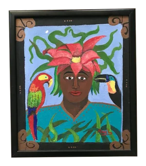 1990s Naive Tropical Folk Art Portrait Acrylic Painting Signed Anel, Framed