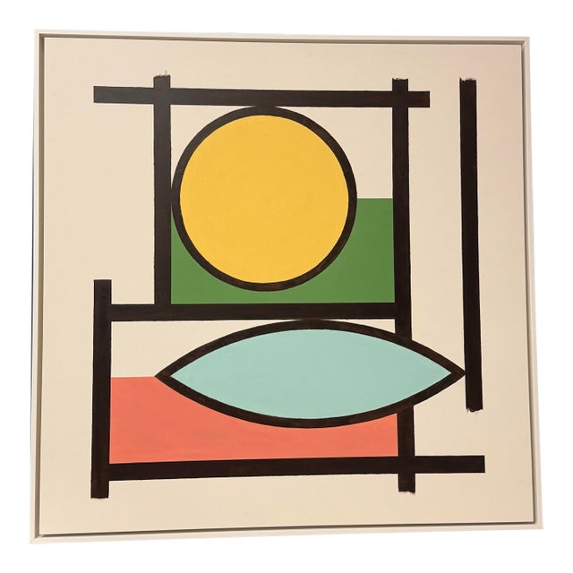 French Artist Patrice Bertin Geometric Composition Framed Oil on Canvas Signed and Dated For Sale