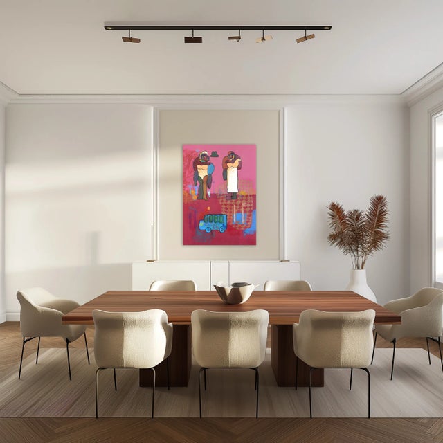 Textile At the Bus Stop - Pink Abstract Figurative Painting Original Artwork by Valerie Etitinwo For Sale - Image 7 of 9