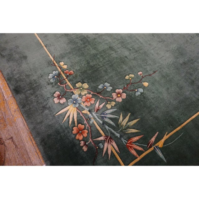 1930s Solid Green Field Floral Antique Chinese Art Deco Carpet Rug For Sale - Image 9 of 9