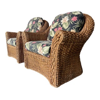 Vintage Sculptural Braided Rattan Lounge Armchairs in Tropical Upholstery, Pair For Sale