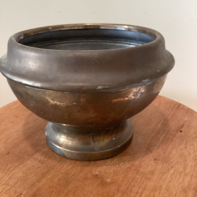 Vintage Footed Tarnished Brass Bowl/ Planter With Rounded Flared Rim For Sale - Image 12 of 12
