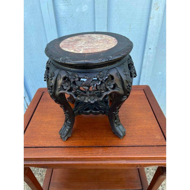 Antique Chinese Carved Rosewood Marble Inserted Plant Stand, Circa 1920s For Sale - Image 9 of 11