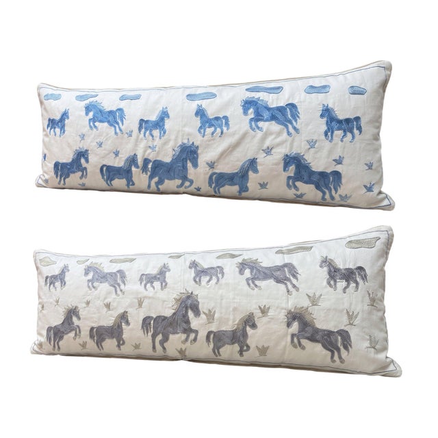Mid-Century Modern White Horse Suzani Lumbar Pillow Cover 18'' X 55'' - Set of Two For Sale - Image 3 of 4