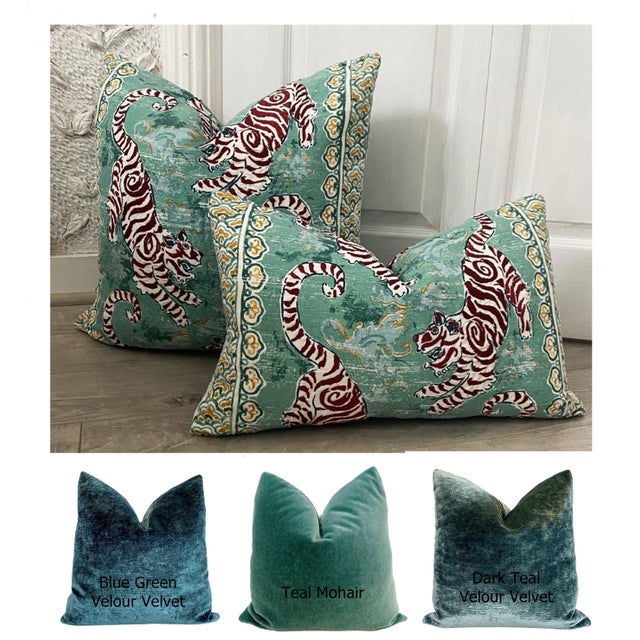 Teal Embroidered Bengal Tiger Pillow For Sale - Image 4 of 5