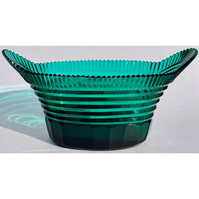 French Art Deco Teal Cut Glass Centerpiece Bowl, Circa 1920's For Sale - Image 4 of 16