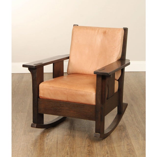 Wood Oak Craft Antique Mission Oak and Leather Rocking Chair For Sale - Image 7 of 12