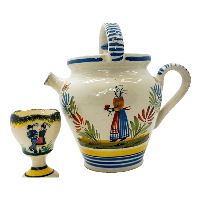 Vintage HenRiot Quimper Faience Pottery Teapot & Coordinating Egg Cup For Sale