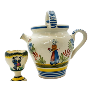Vintage HenRiot Quimper Faience Pottery Teapot & Coordinating Egg Cup