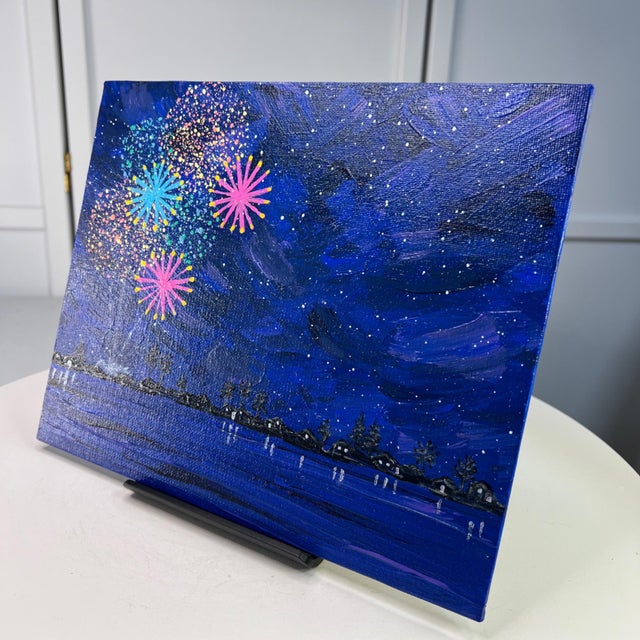 Contemporary Celebrate 4 Fireworks Scene Acrylic Painting 8" X 10" Original Wall Art Unframed For Sale - Image 3 of 7