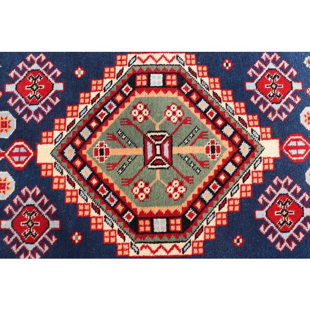 Mid 20th Century Geometric Vintage Caucasian Rug With Tribal Geometric Medallions in Blue and Red For Sale - Image 5 of 12